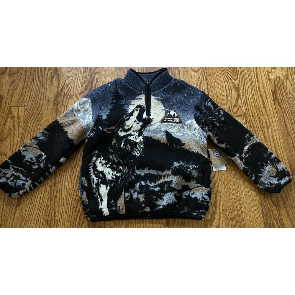 Grand Teton National Park Sweatshirt Boys Pullover Size 6/7 Sherpa Wolf 1/4 Zip - Picture 2 of 9